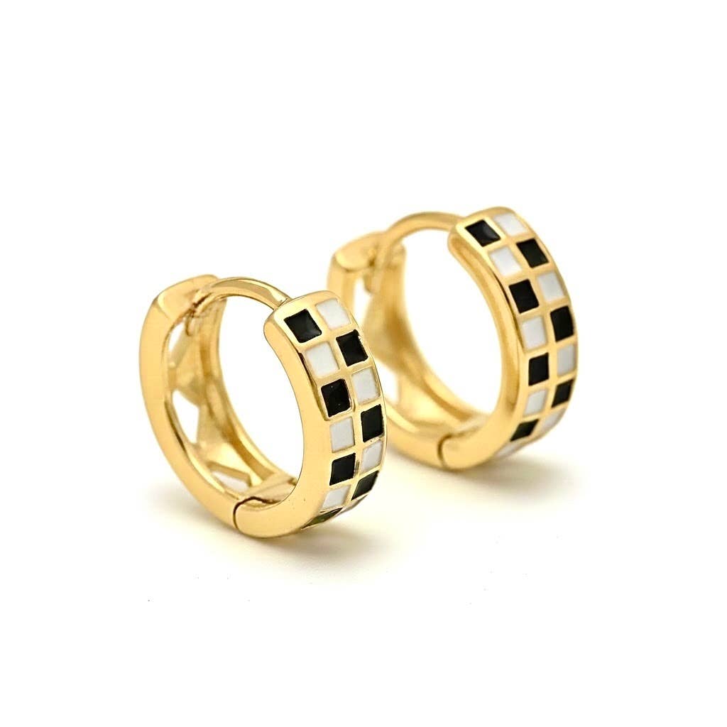 Gold Checker Hoops - Black & White Tile Hoop Earrings
