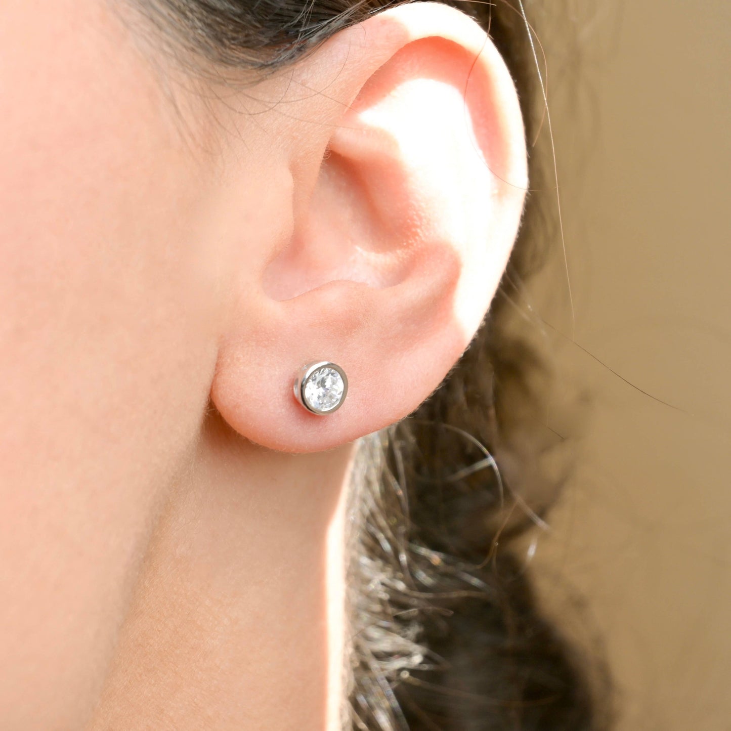 Silver Bezel Studs - Small Diamond Studs - Round CZ Studs
