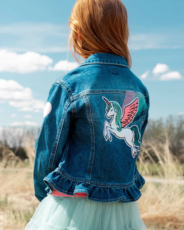Kids Stretch Denim Jacket With Unicorn Embroidery