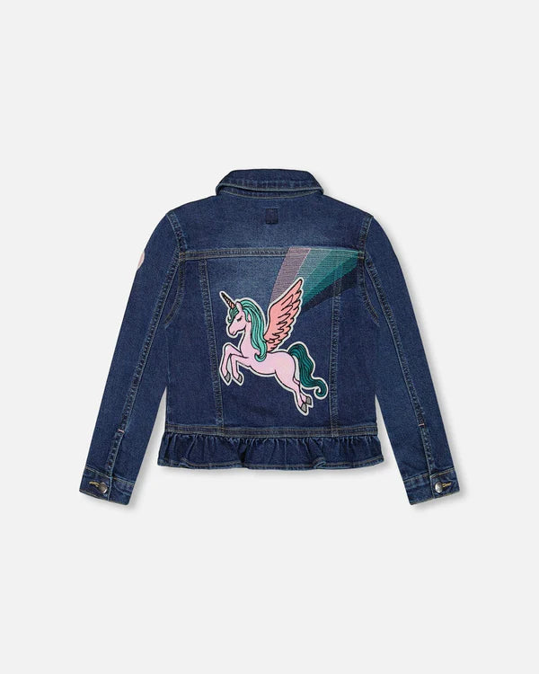 Kids Stretch Denim Jacket With Unicorn Embroidery