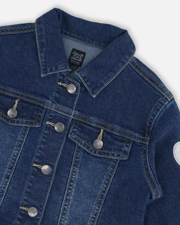 Kids Stretch Denim Jacket With Unicorn Embroidery