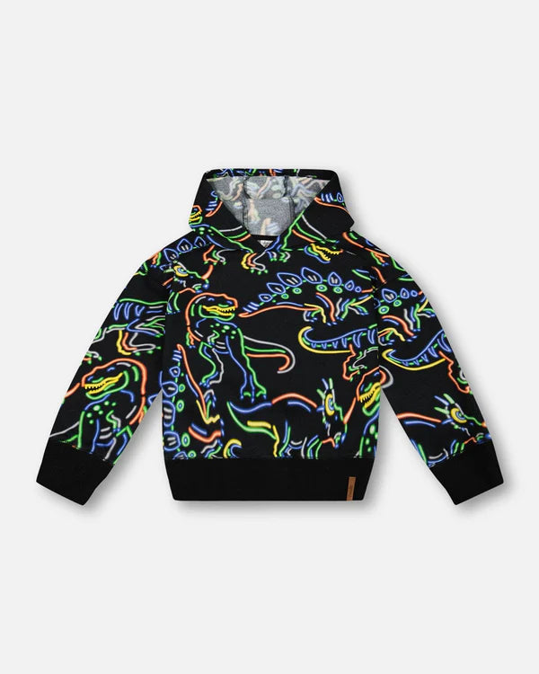 Kids Printed Neon Dino Fleece Hooded Sweatshirt Black