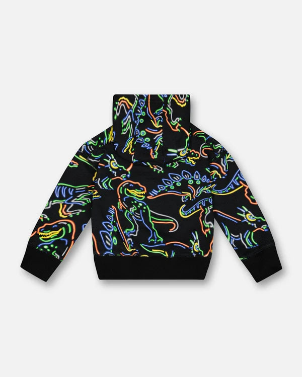 Kids Printed Neon Dino Fleece Hooded Sweatshirt Black
