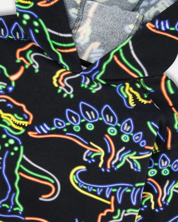 Kids Printed Neon Dino Fleece Hooded Sweatshirt Black