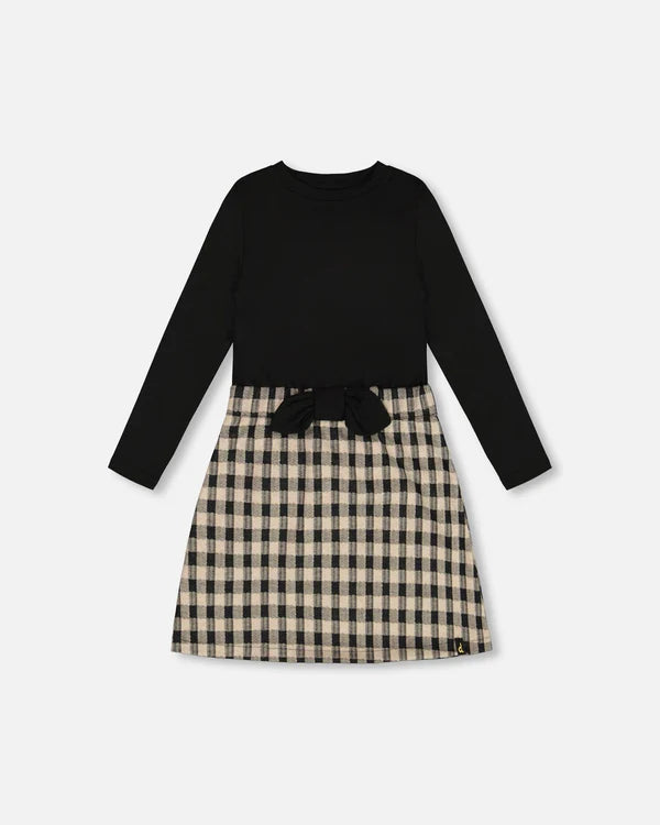 Kids Bi-Material Dress With Bow Plaid Black And Beige