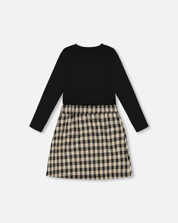 Kids Bi-Material Dress With Bow Plaid Black And Beige