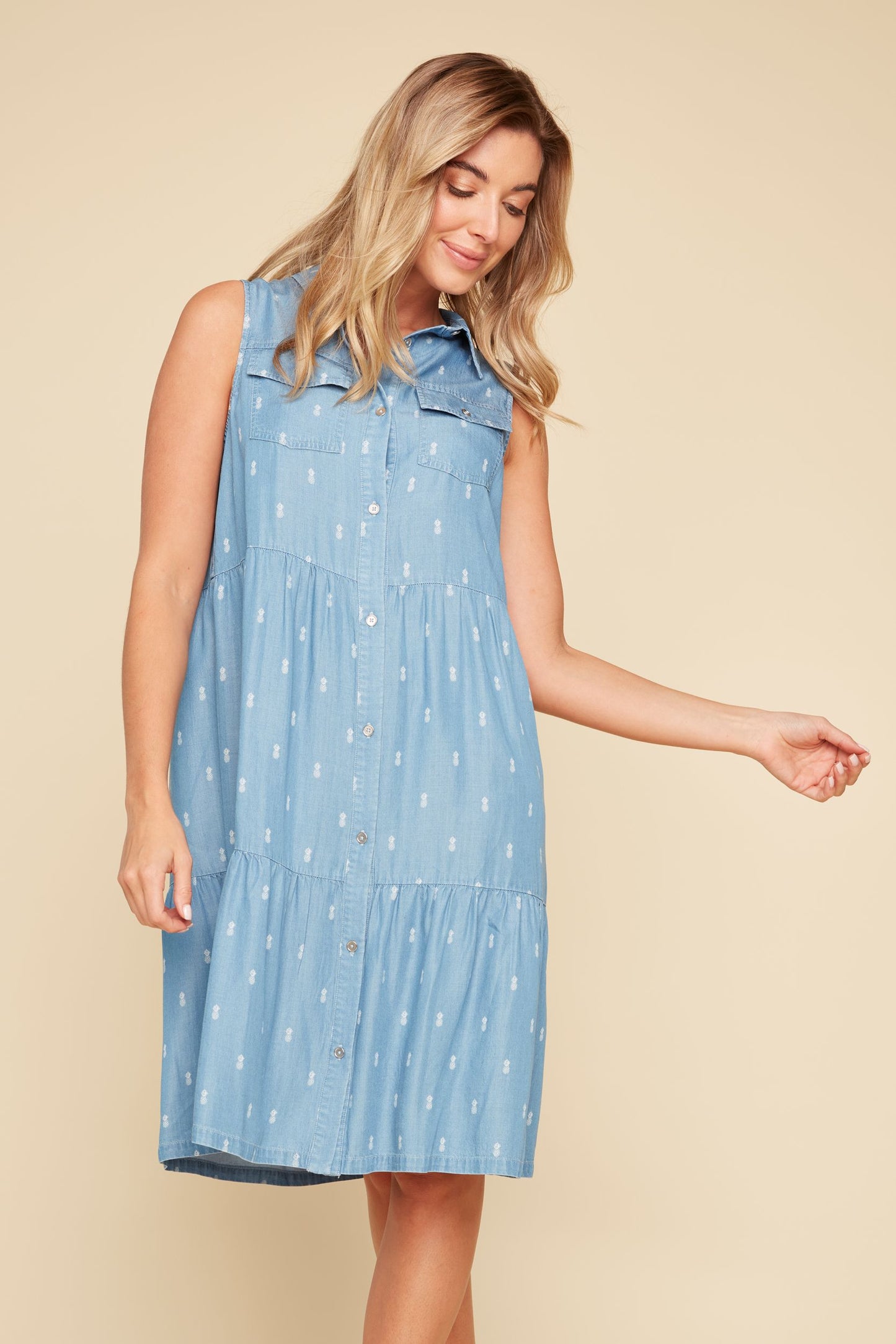Tiered Chambray Button Up Dress