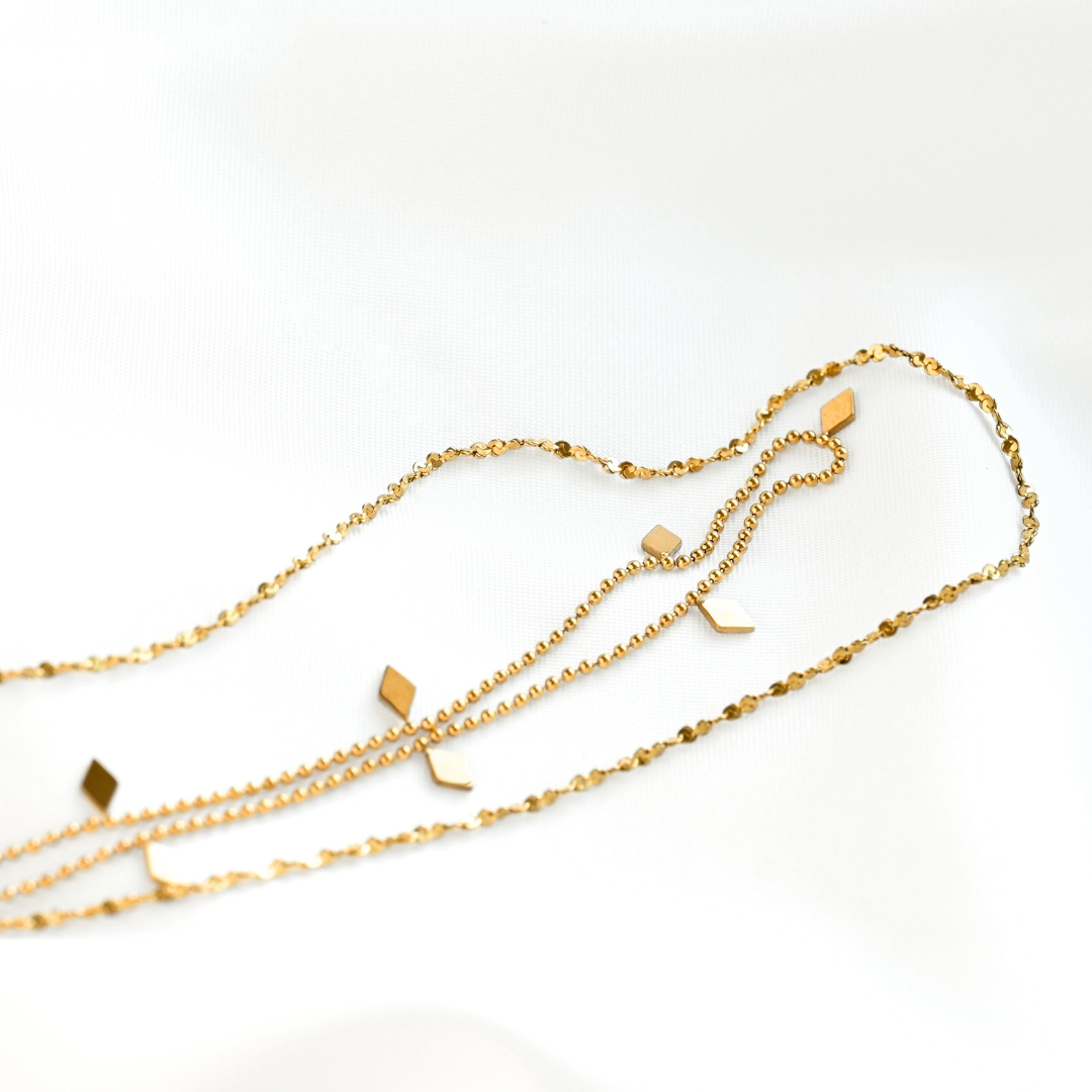 Layered Sequin Necklace - Dangle Beaded Gold Necklace