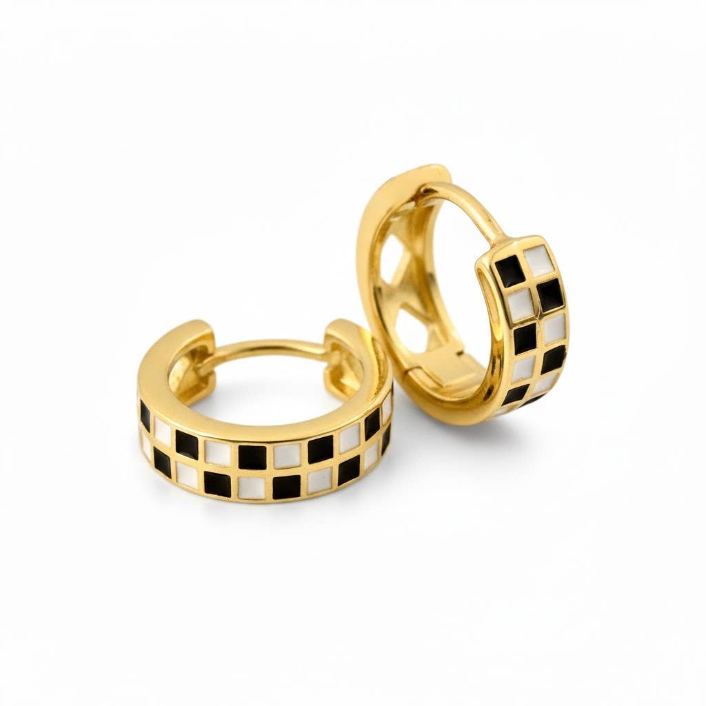 Gold Checker Hoops - Black & White Tile Hoop Earrings
