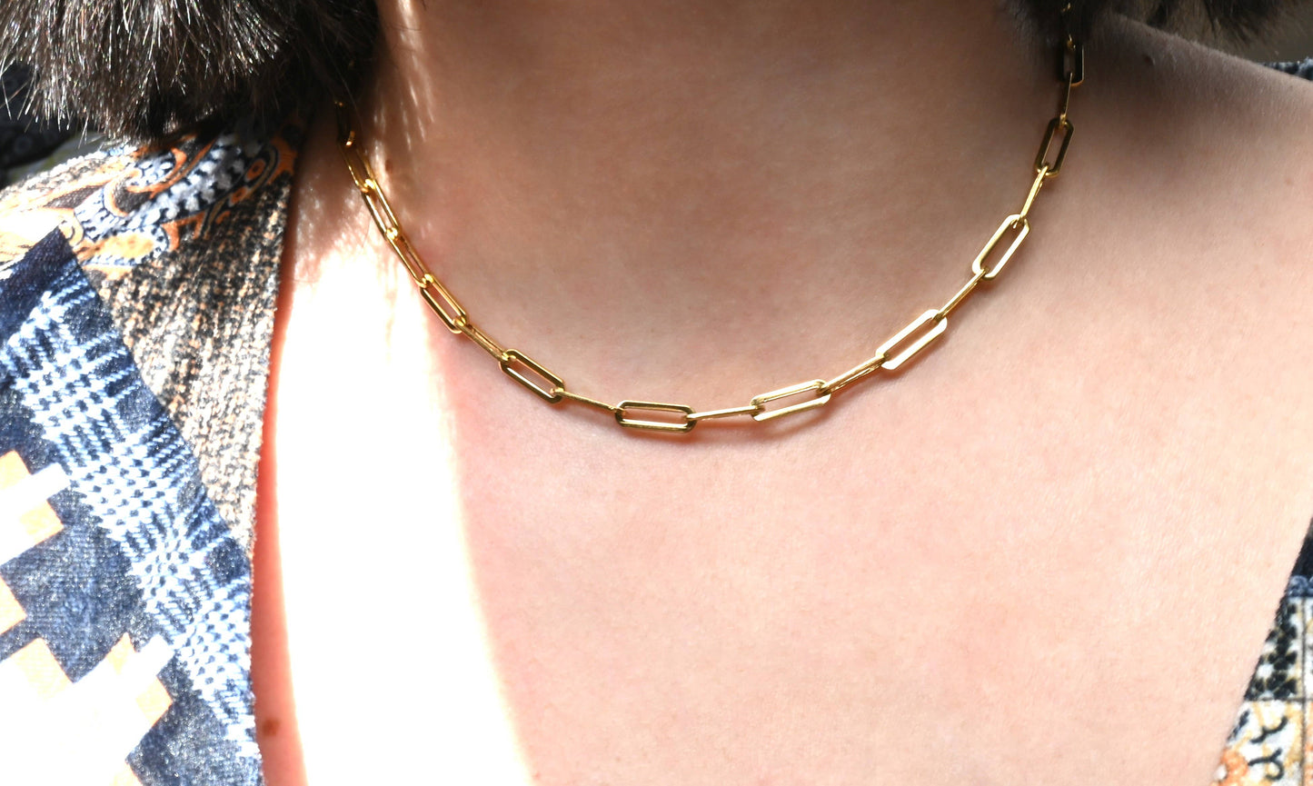 18k Gold Paperclip Necklace - Waterproof Link Chain Necklace