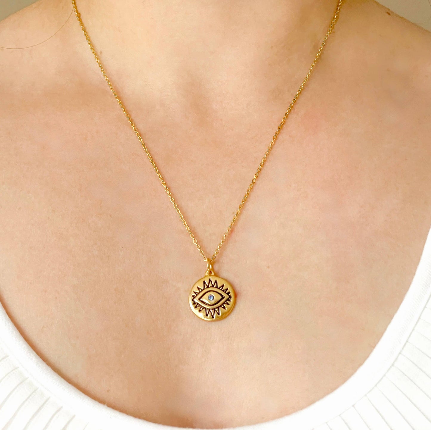 Gold Evil Eye Coin Necklace - Vintage Style Eye Pendant