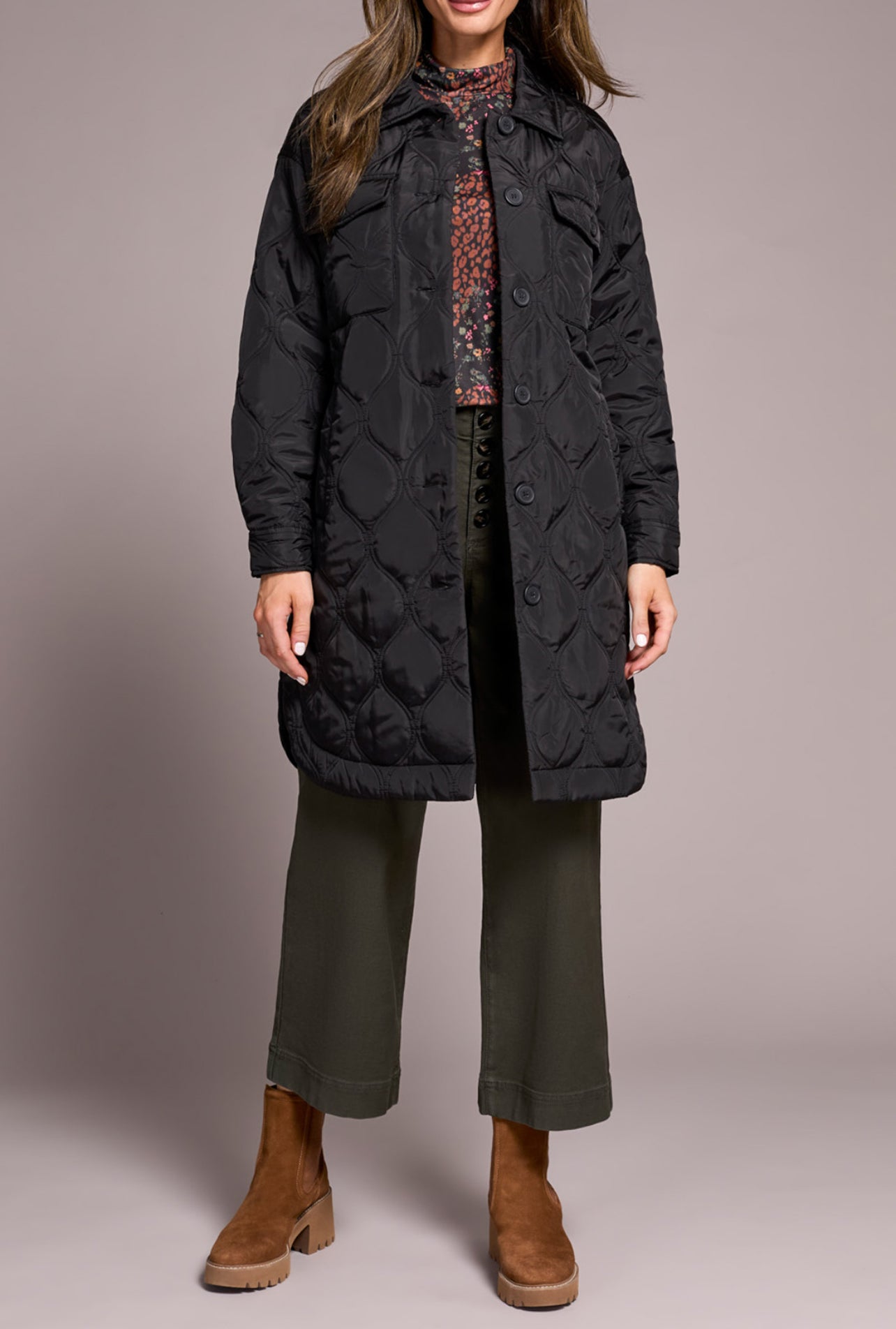 Long Quilted Button Up Jacket
