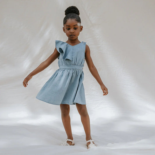 Girls Ruffle Chambray Dress