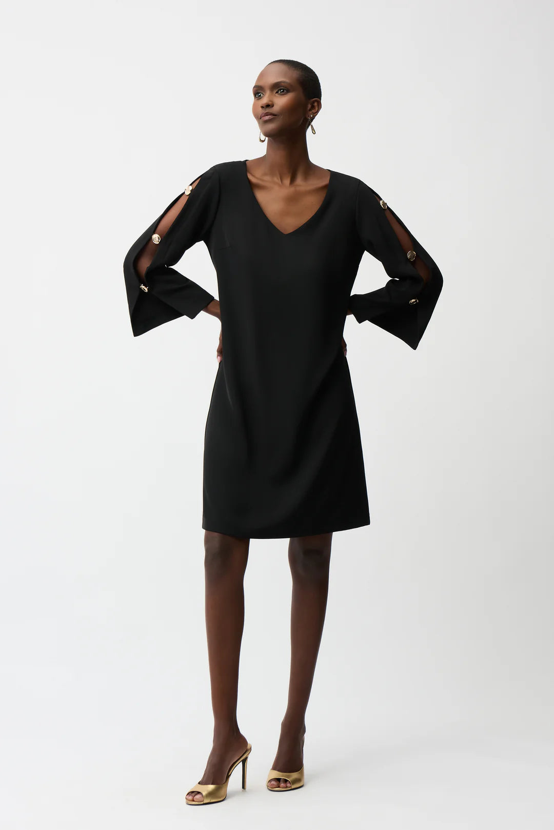 Joseph Ribkoff Trapezes Dress with Gold Trimmed Slit Sleeve