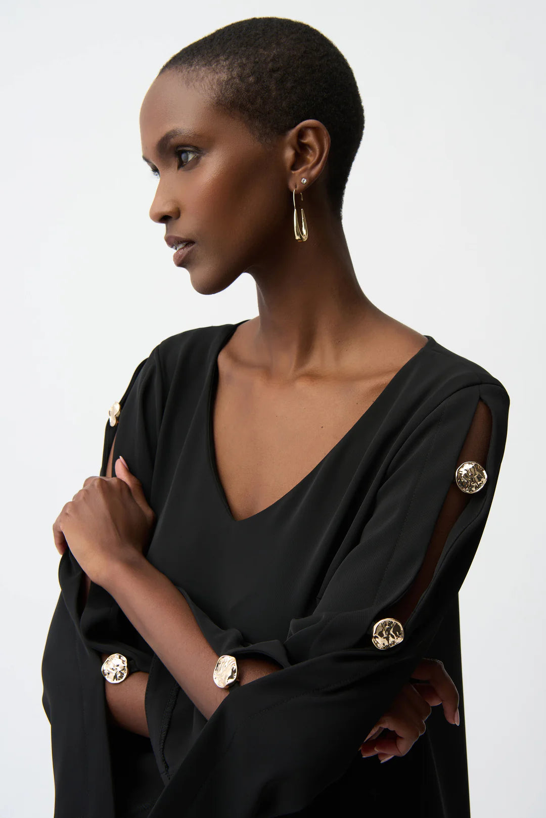 Joseph Ribkoff Trapezes Dress with Gold Trimmed Slit Sleeve