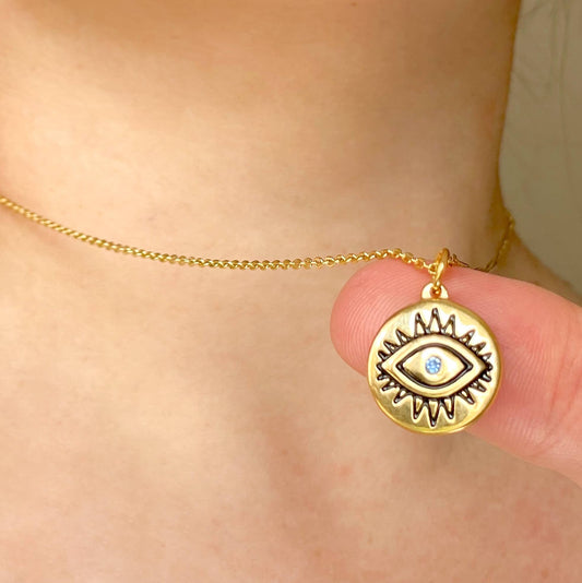 Gold Evil Eye Coin Necklace - Vintage Style Eye Pendant