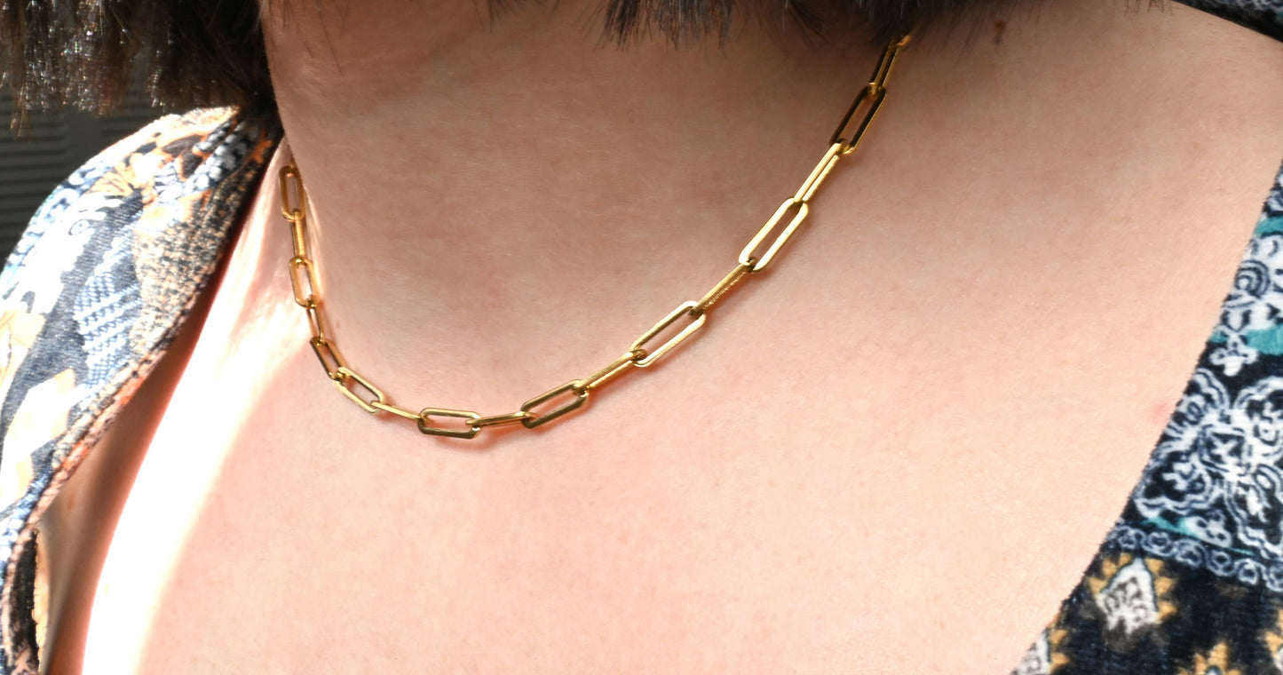 18k Gold Paperclip Necklace - Waterproof Link Chain Necklace