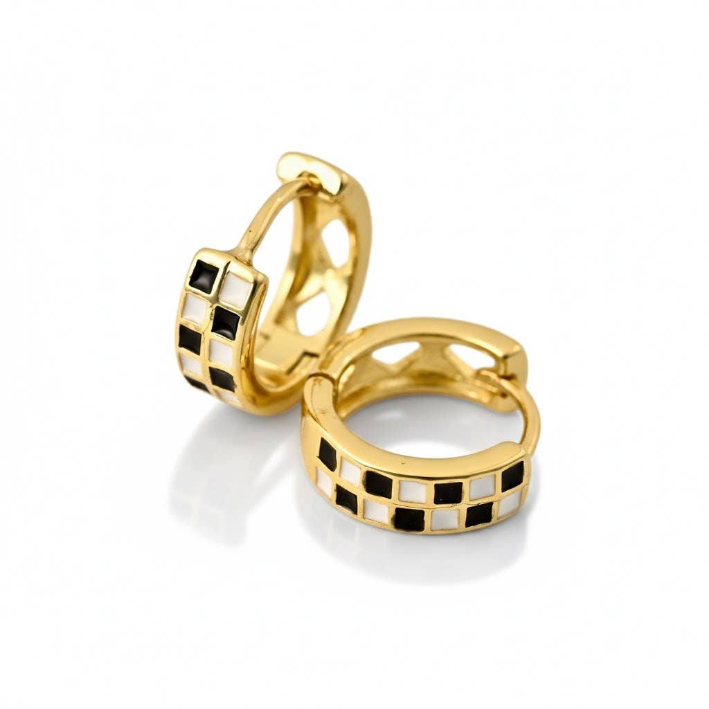 Gold Checker Hoops - Black & White Tile Hoop Earrings