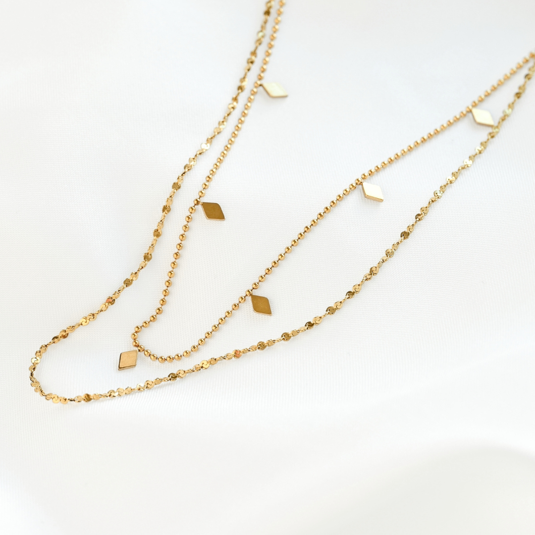 Layered Sequin Necklace - Dangle Beaded Gold Necklace